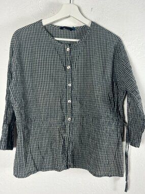 Free Womens Gray White Striped Button-Front Tie-Waist Peplum Blouse Top Medium